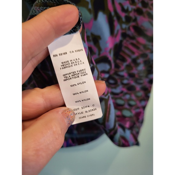 Sheer Mesh Stretch Purple Teal Geometric Short Sleeve Fitted Top Sz XL - Picture 6 of 7